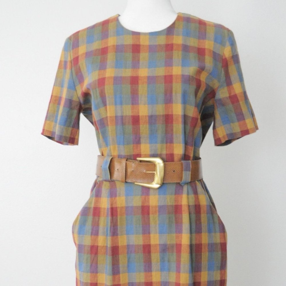 Vintage Plaid Pencil Sheath Dress with Belt
